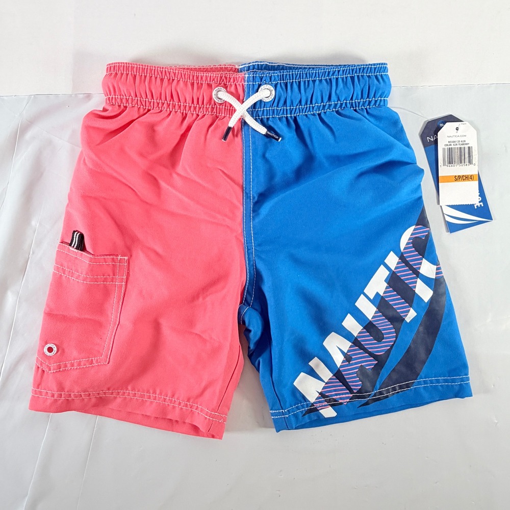 Nautica Boys Swim Trunks Small 4 Colorblock Pink‎ Blue Board Shorts NSSGK12E-628